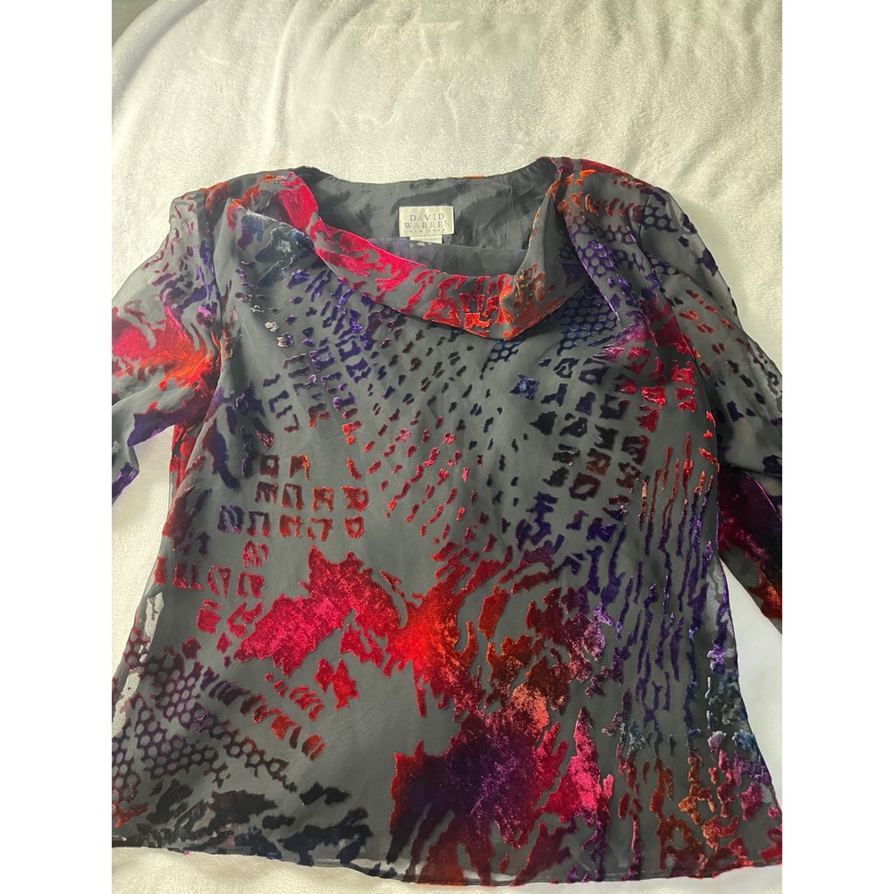 David Warren New York Burnout Velvet Mesh Blouse Red Purple Cowl Neck Size 16